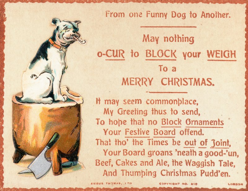 Perro sentado en un bloque de cortar, tarjeta de Navidad de English School