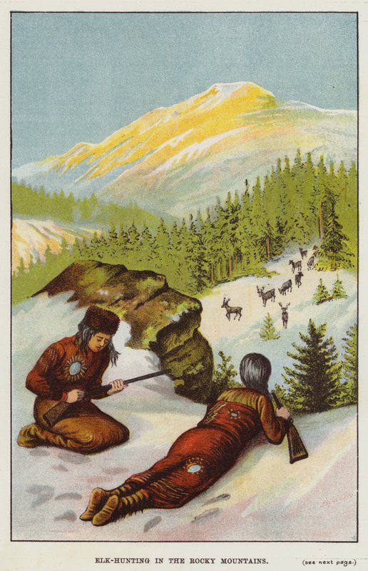 Caza de alces en las Montañas Rocosas (litografía en color) de English School