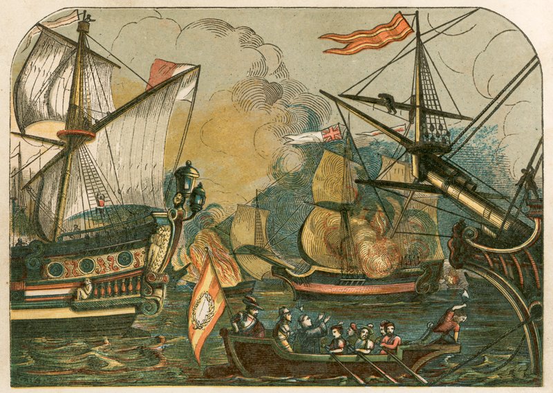 Buques incendiarios ingleses quemándose entre la Armada Española de English School