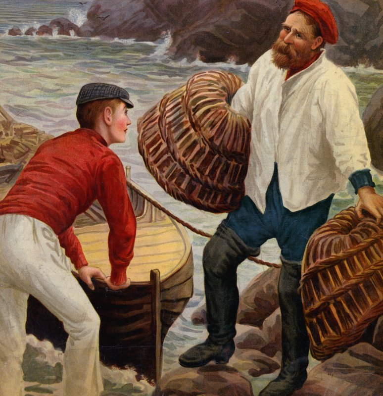 Pescadores con nasas de langosta (litografía en color) de English School