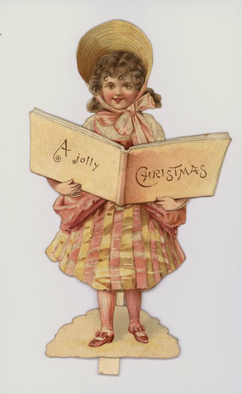 Niña con un libro en la mano: Tarjeta de Navidad (cromolito) de English School