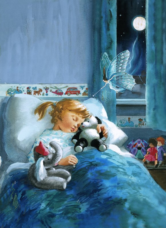 Niña en la cama atendida por un hada de English School