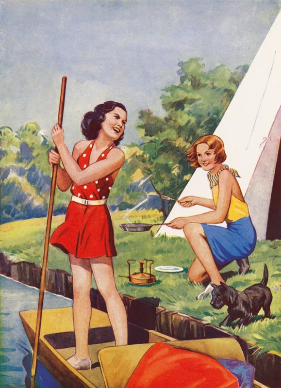 Chicas en el campamento (litografía en color) de English School