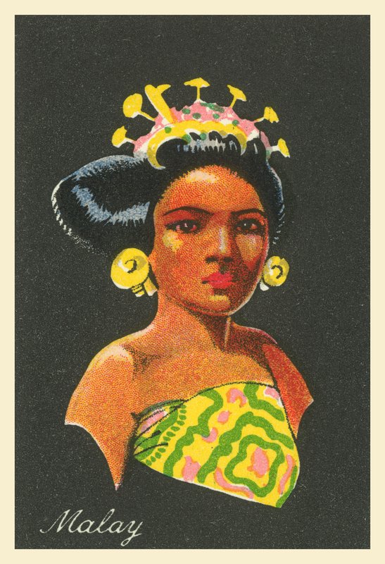 Chicas de muchas tierras: Malay (litografía en color) de English School