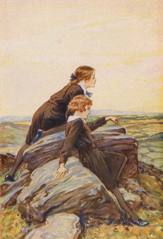 Chicas en una colina rocosa (litografía en color) de English School