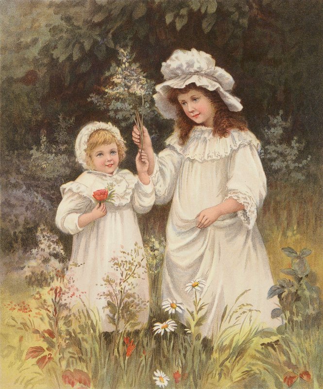 Niñas recogiendo flores en un prado (cromolito) de English School