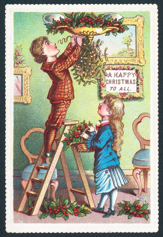 Colgando el muérdago, tarjeta de Navidad de English School