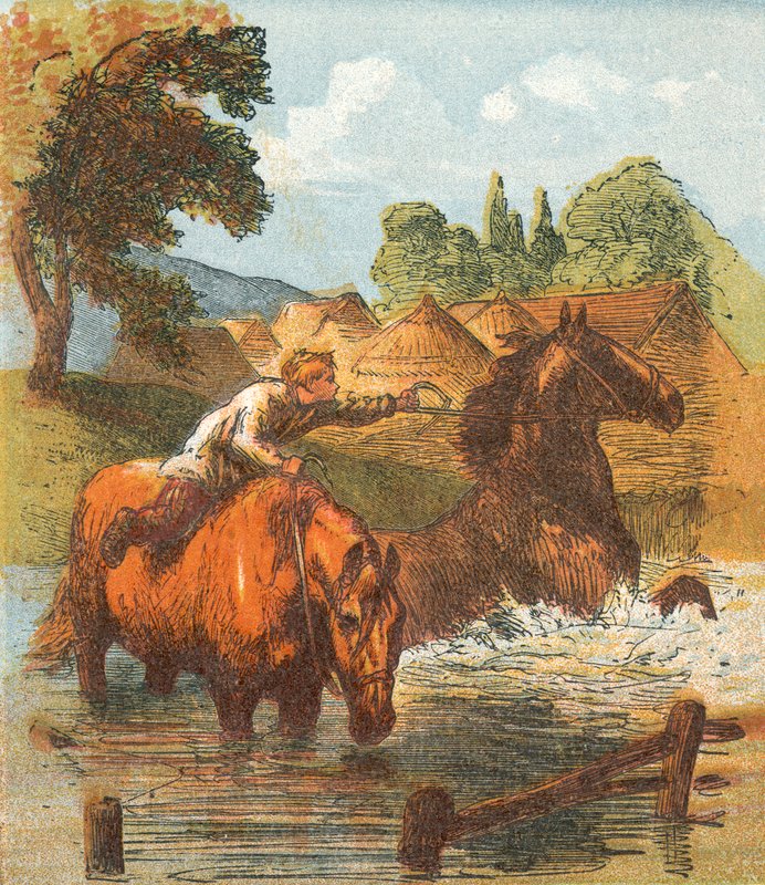 Caballos bebiendo en un estanque de English School