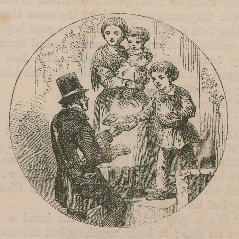 Ilustración que muestra a un cartero entregando correo de English School