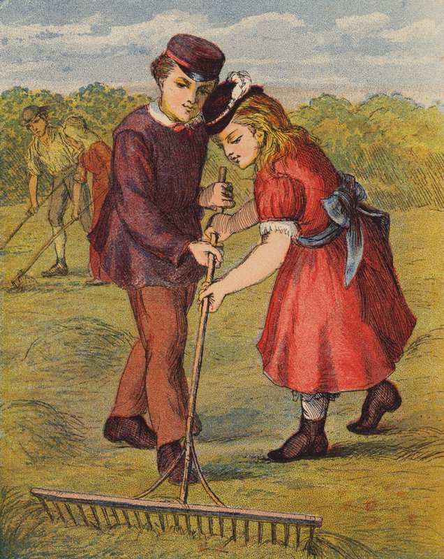 En el campo de heno (litografía en color) de English School