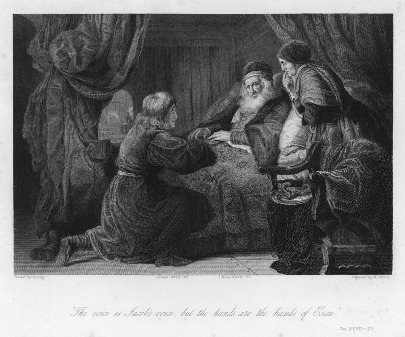 Isaac bendiciendo a Jacob, Génesis XXVII, 22 (grabado) de English School