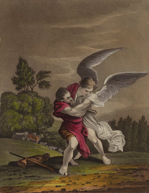Jacob luchando con un ángel (litografia en color) de English School