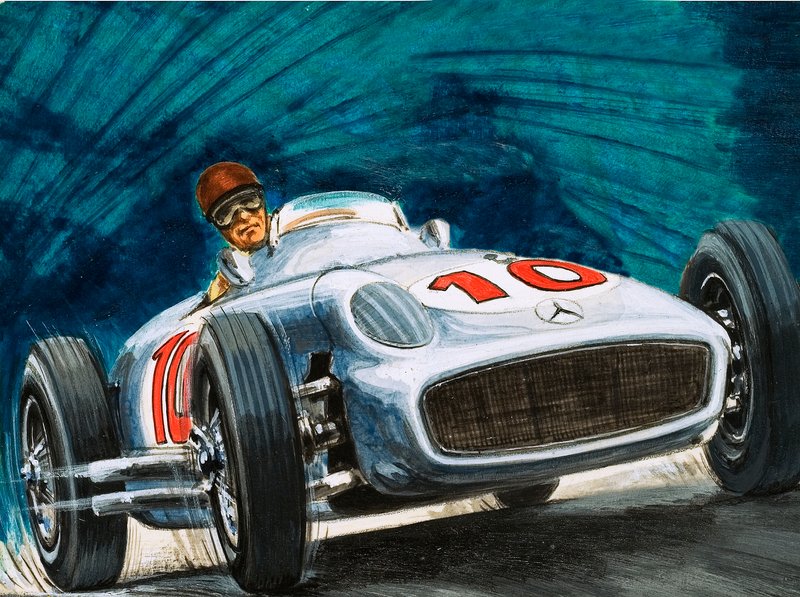 Juan Manuel Fangio conduciendo un Mercedes-Benz de English School