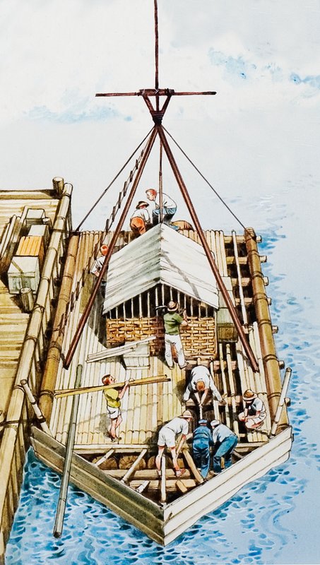 Kon-Tiki siendo construido con madera de balsa de English School