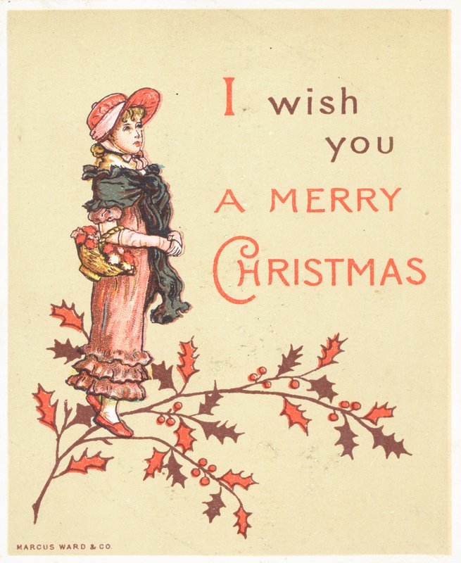 Dama con cesta en el brazo, tarjeta de Navidad de English School