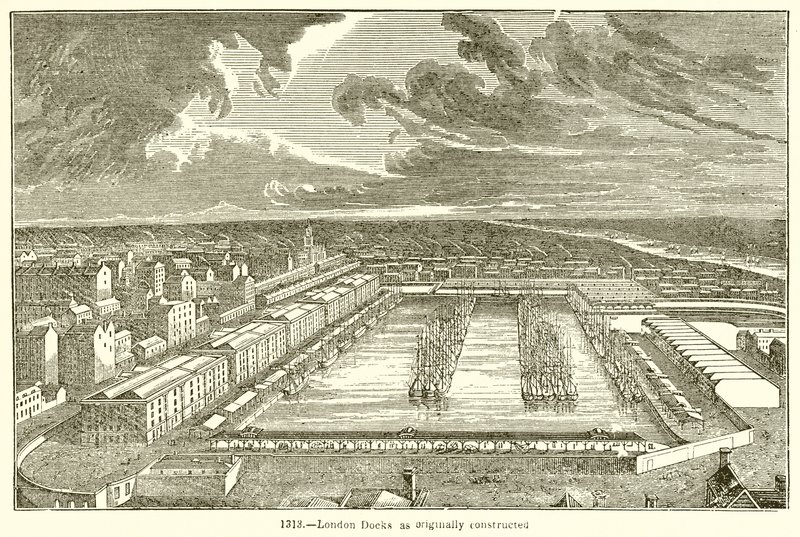 Muelles de Londres como originalmente construidos de English School