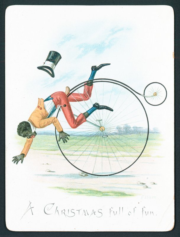 Hombre cayendo de un Penny Farthing de English School