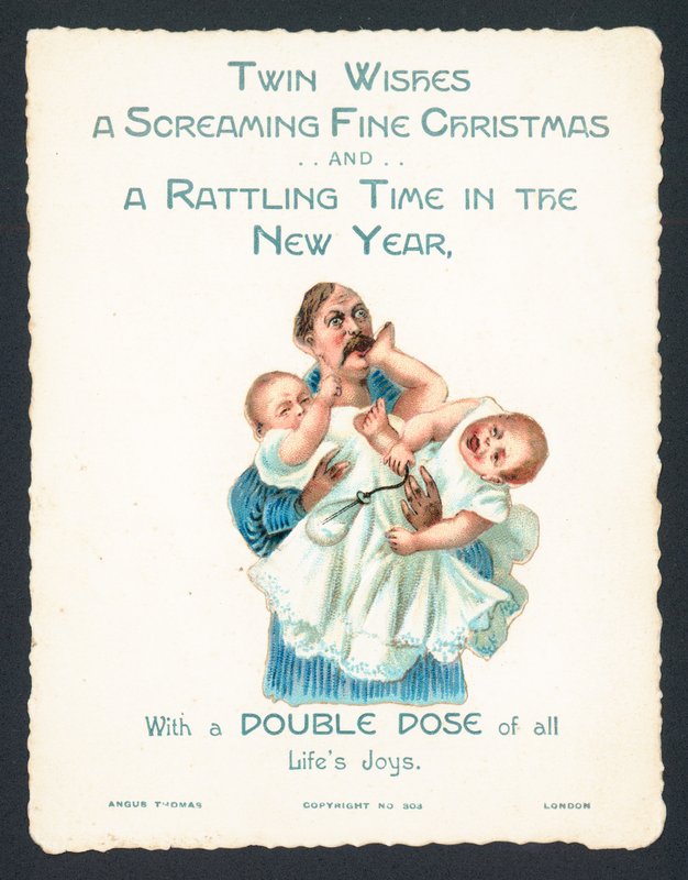 Hombre sosteniendo bebés gemelos que gritan, tarjeta de Navidad de English School