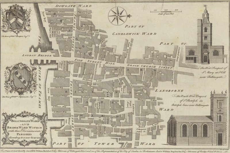 Mapa de los distritos de Billingsgate y Bridge, Londres de English School