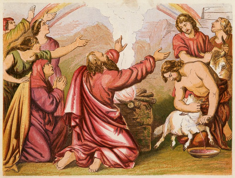 Sacrificio de Noé (litografía en color) de English School