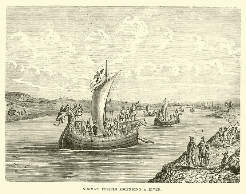 Barcos normandos ascendiendo un río de English School