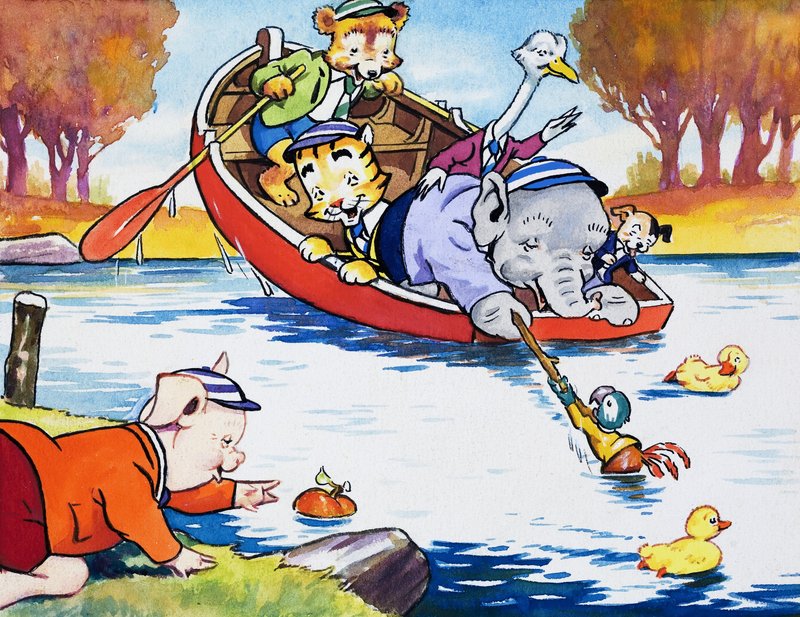 Animales de la guardería jugando en un bote de English School
