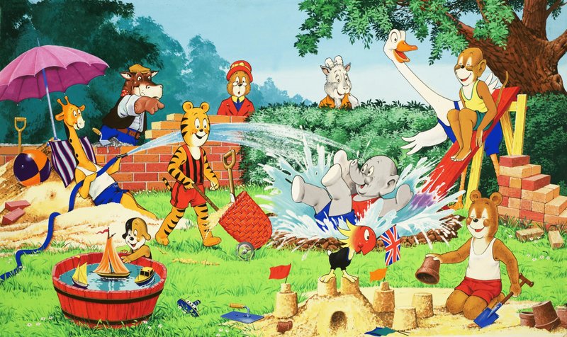 Animales de la guardería jugando en el jardín de English School
