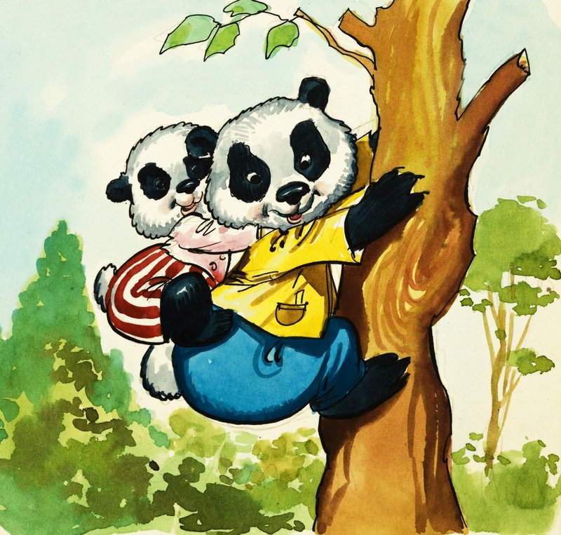 Pandas trepando a un árbol de English School