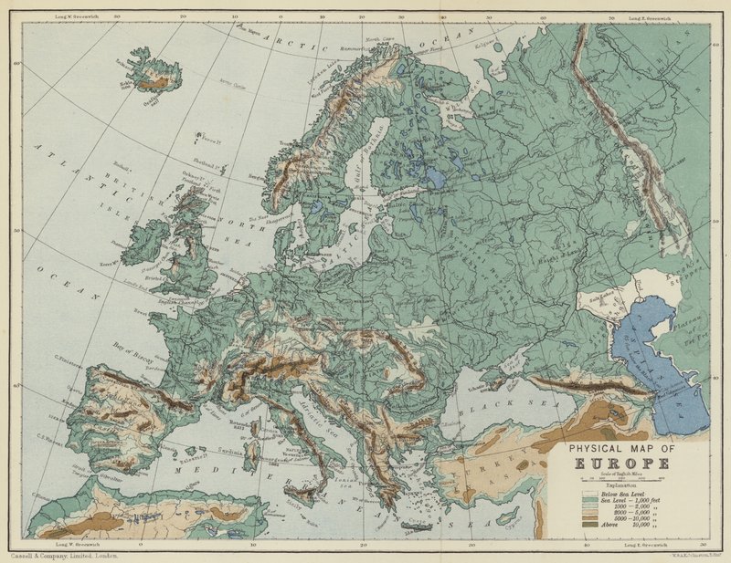 Mapa físico de Europa (litografía en color) de English School