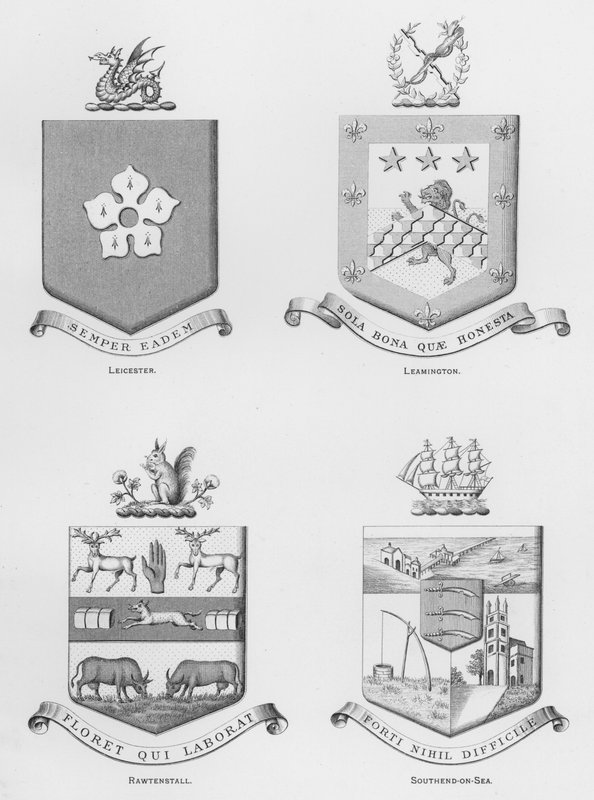 Escudos públicos: Leicester; Leamington; Rawtenstall; Southend-on-Sea (grabado) de English School