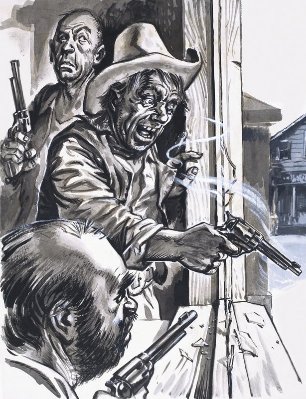 Vaqueros rufianes disparando desde la ventana de English School