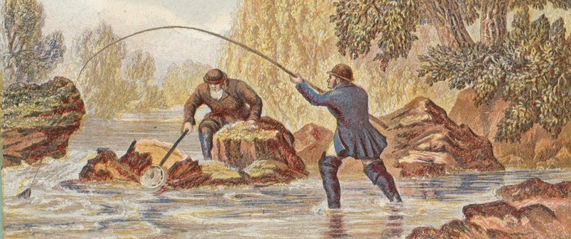 Pesca del salmón (litografía en color) de English School