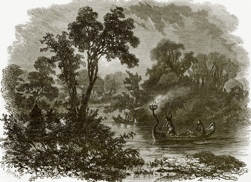 Indios Salteaux pescando con fuego de English School