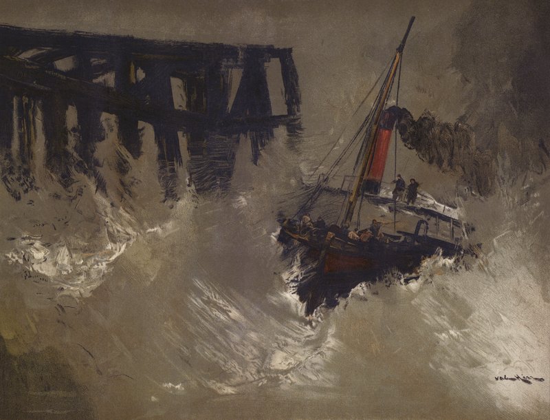 Barco luchando contra grandes olas (chromolitho) de English School