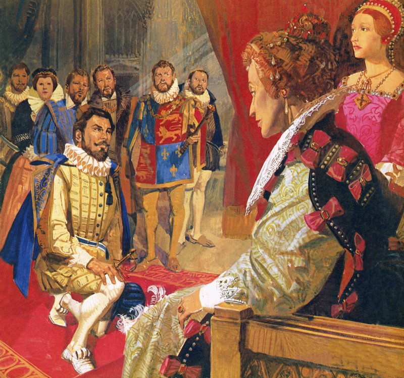 Sir Walter Raleigh ante la reina Isabel de English School