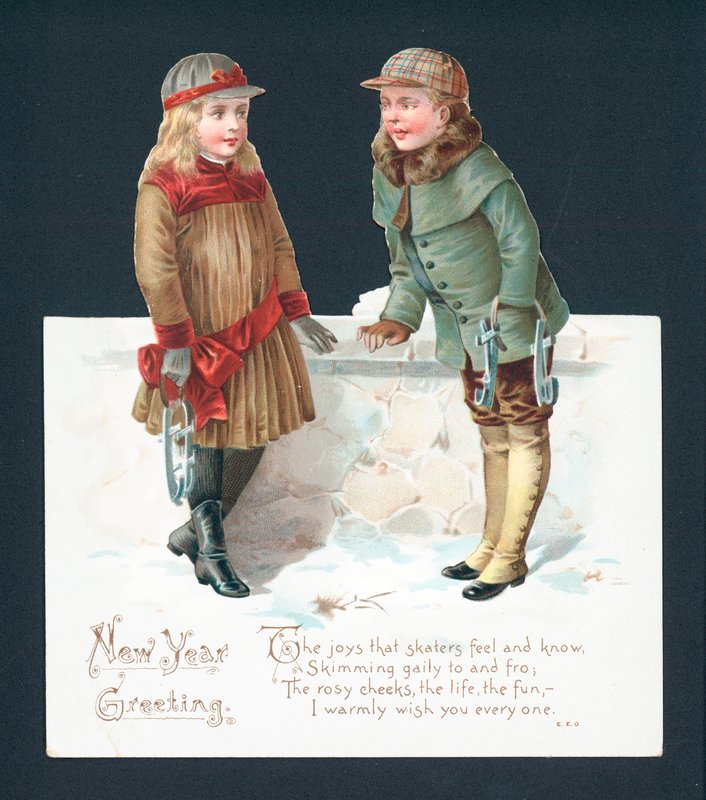 Pareja patinando en conversación, tarjeta de Año Nuevo de English School