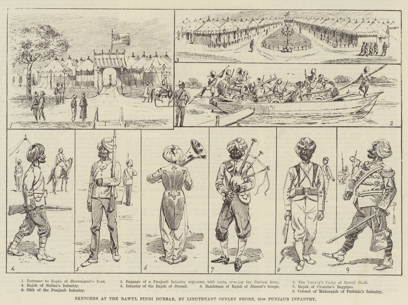 Bocetos en el Durbar de Rawul Pindi (grabado) de English School