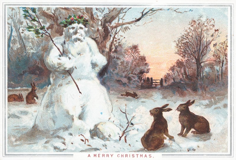 Muñeco de nieve y liebres, tarjeta de Navidad de English School