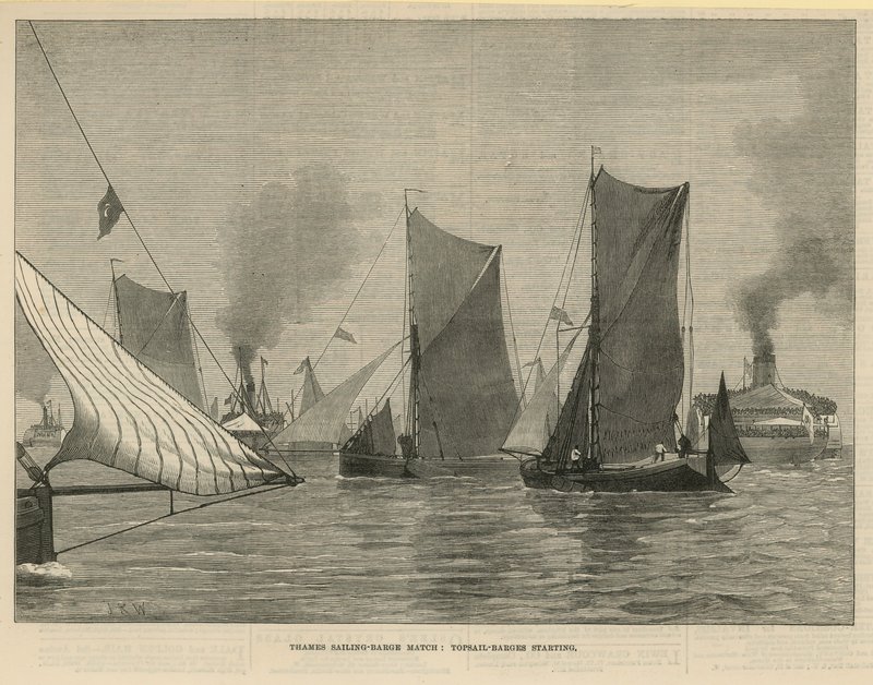 Competencia de barcazas de vela en el Támesis de English School