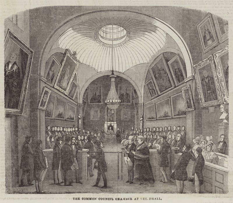 La sala del consejo común en Guildhall (grabado) de English School