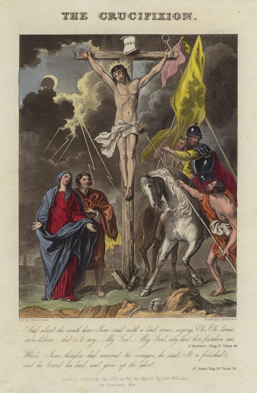 La Crucifixión de Jesucristo (grabado en color) de English School