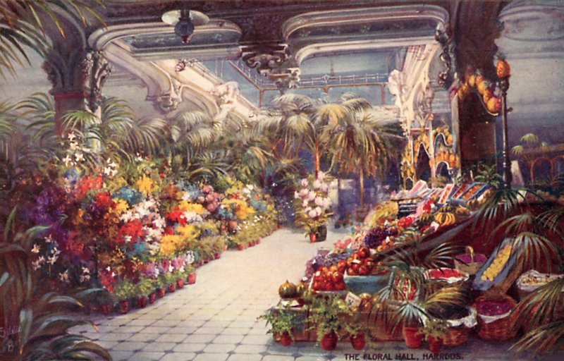 The Floral Hall, Harrods (litografía en color) de English School