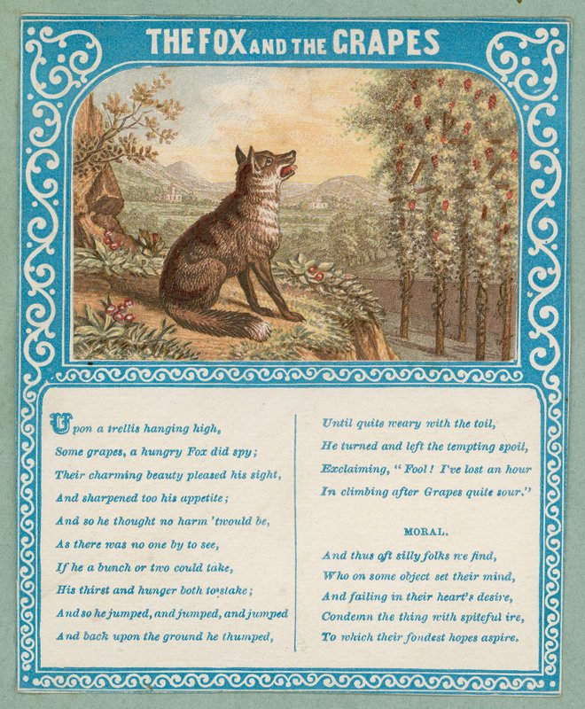 El zorro y las uvas (litografía en color) de English School