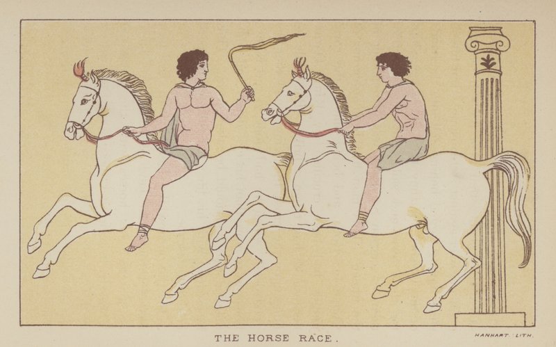 La carrera de caballos (litografía en color) de English School