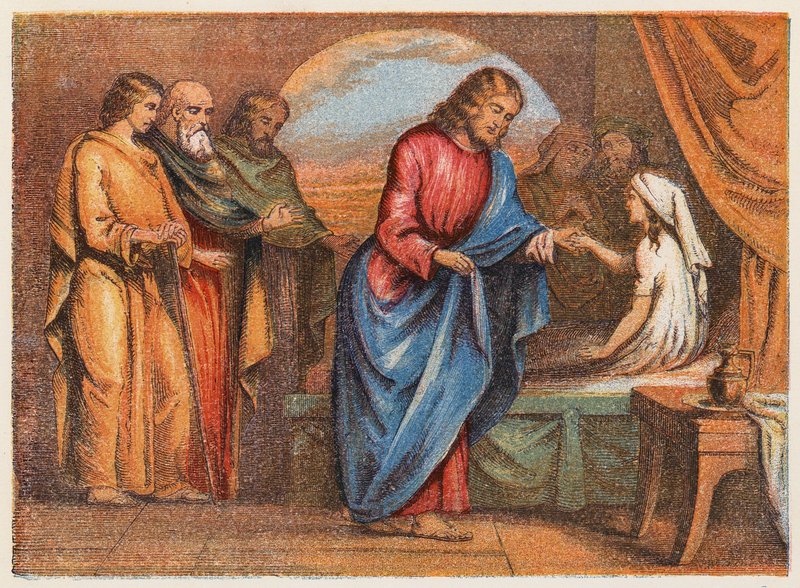 La resurrección de la hija de Jairo (litografía en color) de English School