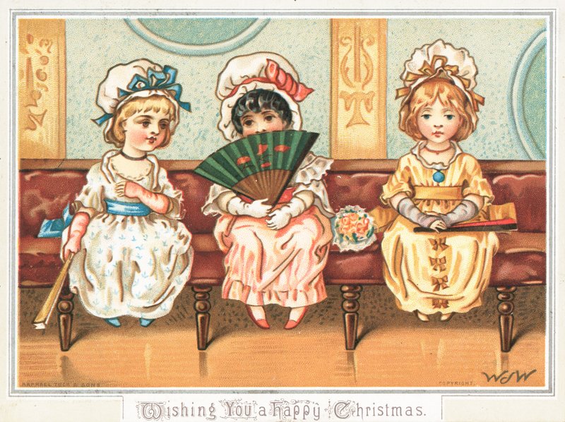 Tres niñas esperando, tarjeta de Navidad de English School