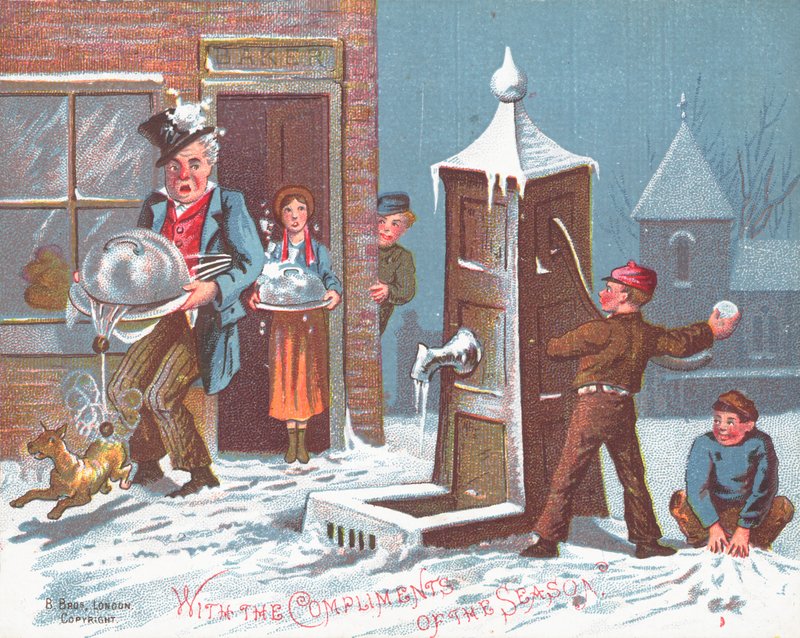 Lanzando bolas de nieve al panadero, tarjeta de Navidad de English School