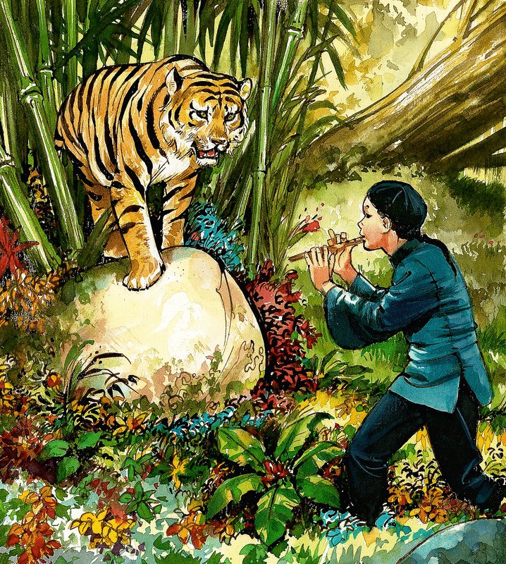 Tigre siendo tocado con la flauta de English School