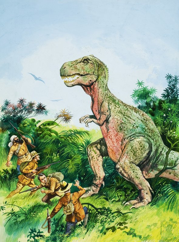 Tyrannosaurus Rex confrontando a hombres de English School