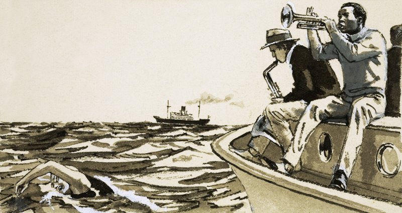 Músicos de jazz no identificados en un barco de English School